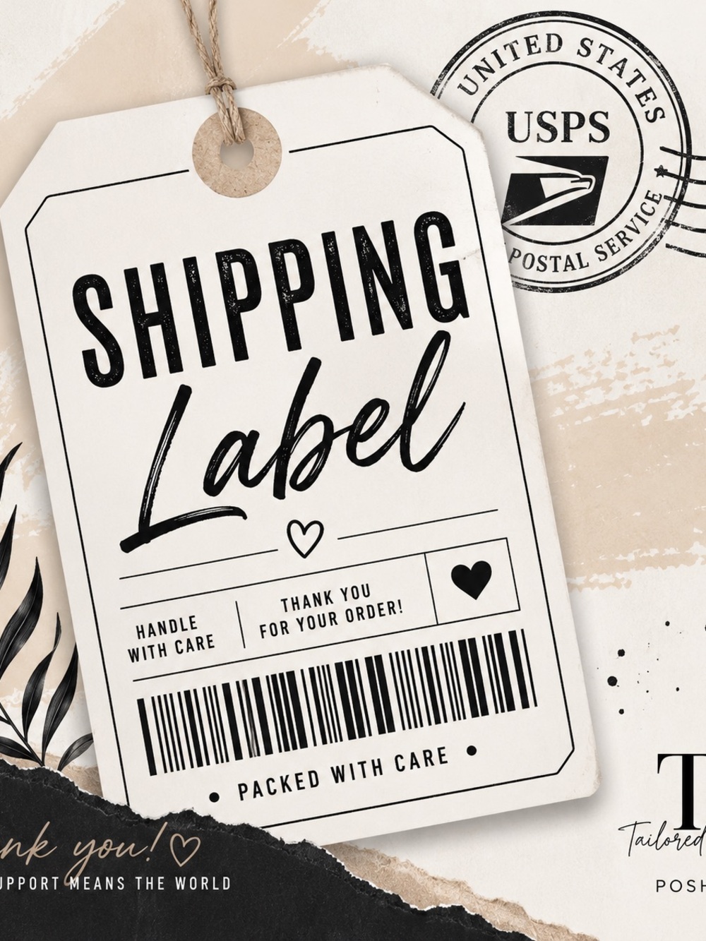 Neutral Beige & Black Shipping Label Tag -